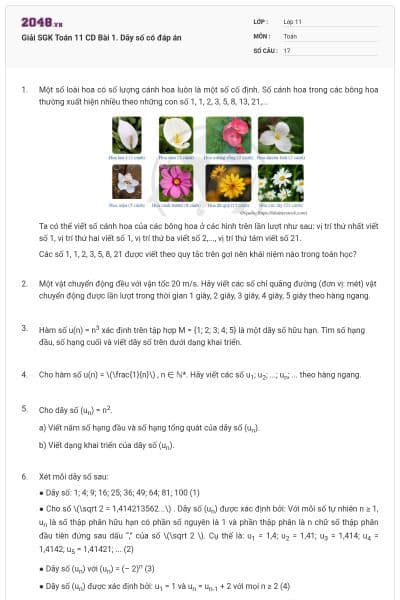 Giải SGK Toán 11 CD Bài 1. Dãy số có đáp án