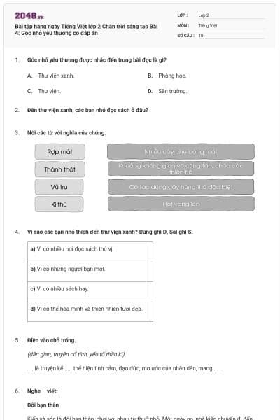 Bài tập hàng ngày Tiếng Việt lớp 2 Chân trời sáng tạo Bài 4: Góc nhỏ yêu thương có đáp án