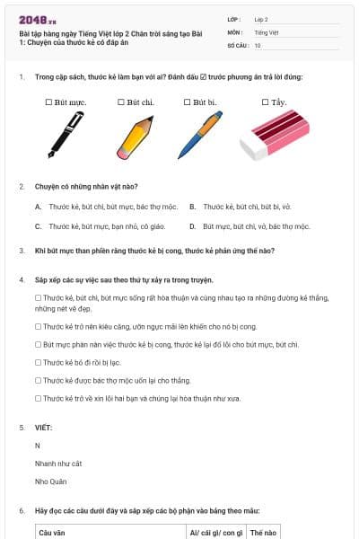 Bài tập hàng ngày Tiếng Việt lớp 2 Chân trời sáng tạo Bài 1: Chuyện của thước kẻ có đáp án