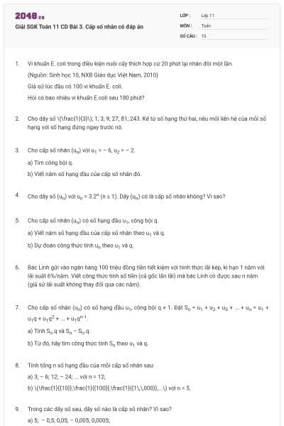 Giải SGK Toán 11 CD Bài 3. Cấp số nhân có đáp án