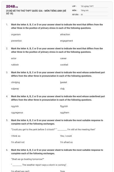 25 BỘ ĐỀ THI THỬ THPT QUỐC GIA - MÔN TIẾNG ANH (ĐỀ SỐ 18)