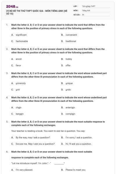 25 BỘ ĐỀ THI THỬ THPT QUỐC GIA - MÔN TIẾNG ANH (ĐỀ SỐ 16)