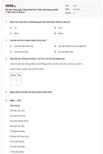 Bài tập hàng ngày Tiếng Việt lớp 2 Chân trời sáng tạo Bài 4: Bạn mới có đáp án
