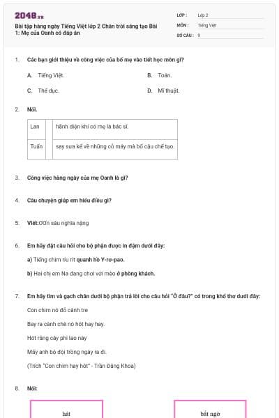 Bài tập hàng ngày Tiếng Việt lớp 2 Chân trời sáng tạo Bài 1: Mẹ của Oanh có đáp án