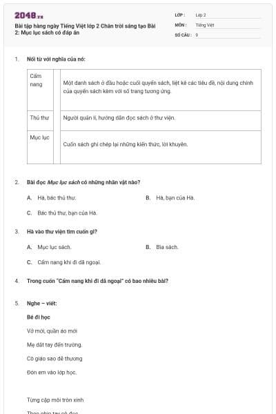 Bài tập hàng ngày Tiếng Việt lớp 2 Chân trời sáng tạo Bài 2: Mục lục sách có đáp án