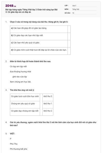 Bài tập hàng ngày Tiếng Việt lớp 2 Chân trời sáng tạo Bài 3: Cô giáo lớp em có đáp án
