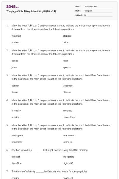 Tổng hợp đề thi Tiếng Anh có lời giải (Đề số 4)