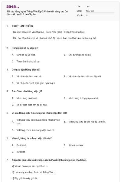 Bài tập hàng ngày Tiếng Việt lớp 2 Chân trời sáng tạo Ôn tập cuối học kì 1 có đáp án