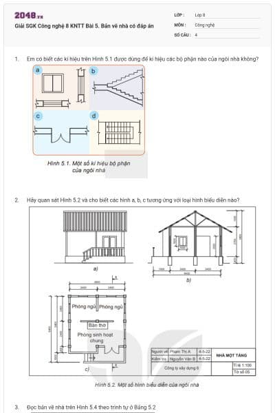 Giải SGK Công nghệ 8 KNTT Bài 5. Bản vẽ nhà có đáp án