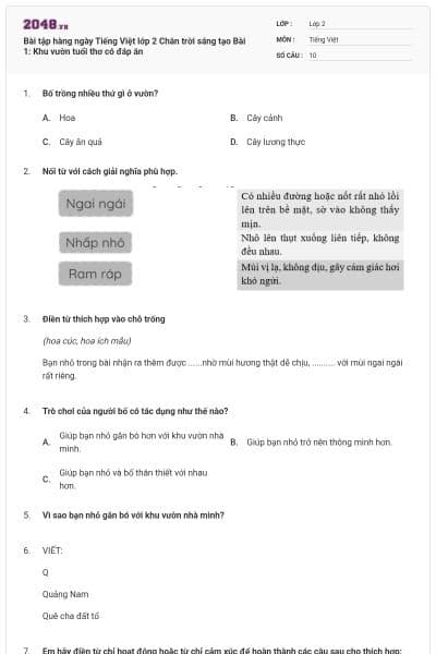 Bài tập hàng ngày Tiếng Việt lớp 2 Chân trời sáng tạo Bài 1: Khu vườn tuổi thơ có đáp án