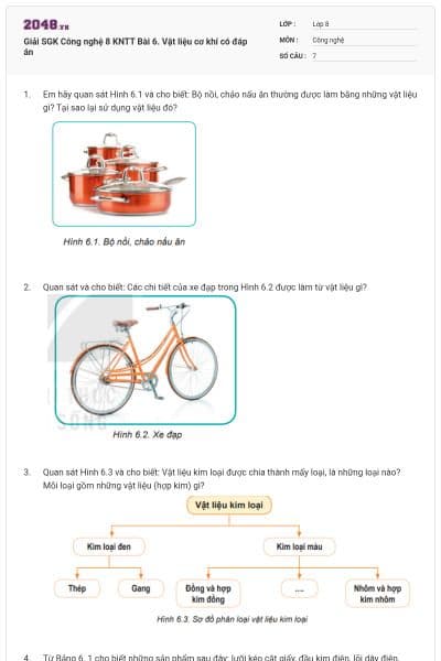 Giải SGK Công nghệ 8 KNTT Bài 6. Vật liệu cơ khí có đáp án