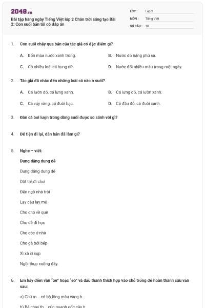 Bài tập hàng ngày Tiếng Việt lớp 2 Chân trời sáng tạo Bài 2: Con suối bản tôi có đáp án