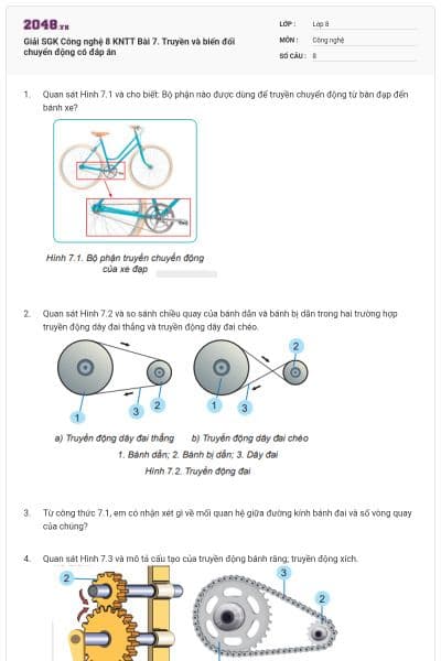 Giải SGK Công nghệ 8 KNTT Bài 7. Truyền và biến đổi chuyển động có đáp án