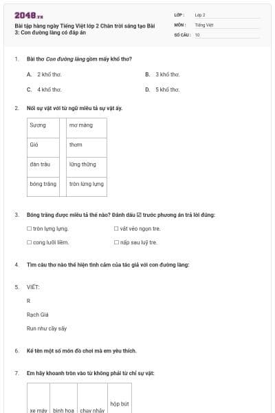Bài tập hàng ngày Tiếng Việt lớp 2 Chân trời sáng tạo Bài 3: Con đường làng có đáp án