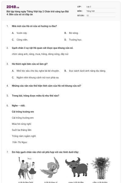 Bài tập hàng ngày Tiếng Việt lớp 2 Chân trời sáng tạo Bài 4: Bên cửa sổ có đáp án