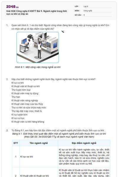 Giải SGK Công nghệ 8 KNTT Bài 9. Ngành nghề trong lĩnh vực cơ khí có đáp án