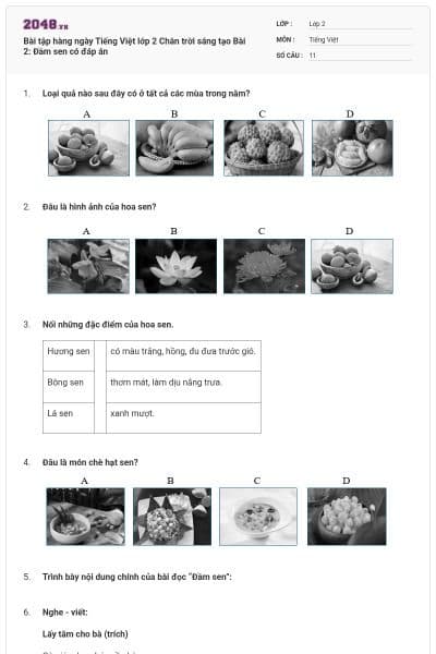 Bài tập hàng ngày Tiếng Việt lớp 2 Chân trời sáng tạo Bài 2: Đầm sen có đáp án