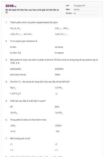 Bộ đề luyện thi Hóa Học cực hay có lời giải chi tiết (Đề số 6)