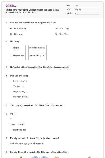 Bài tập hàng ngày Tiếng Việt lớp 2 Chân trời sáng tạo Bài 3: Dàn nhạc mùa hè có đáp án