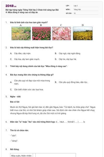 Bài tập hàng ngày Tiếng Việt lớp 2 Chân trời sáng tạo Bài 4: Mùa đông ở vùng cao có đáp án