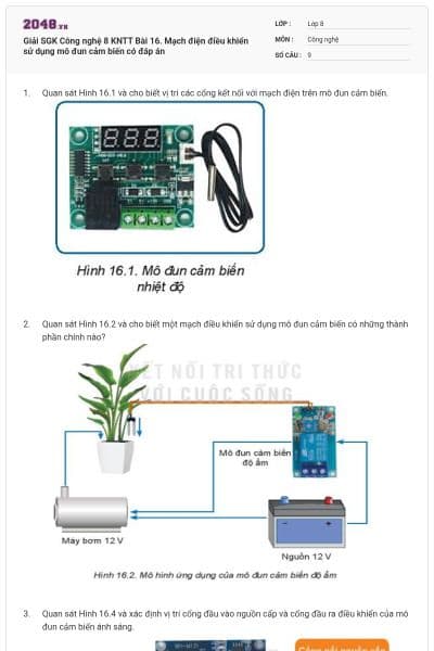 Giải SGK Công nghệ 8 KNTT Bài 16. Mạch điện điều khiển sử dụng mô đun cảm biến có đáp án