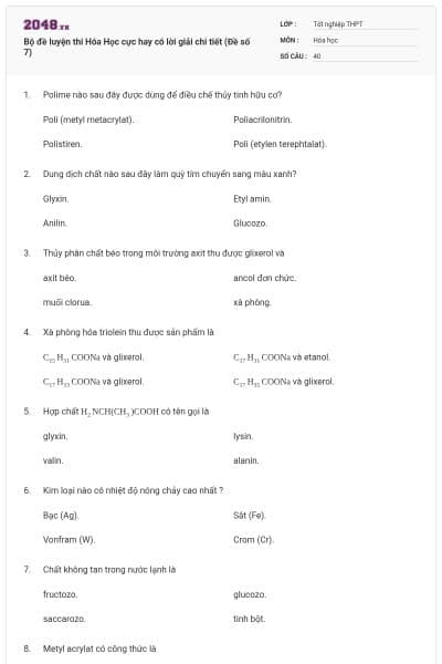 Bộ đề luyện thi Hóa Học cực hay có lời giải chi tiết (Đề số 7)