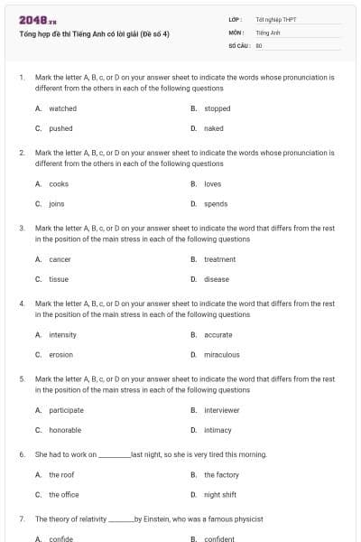 Tổng hợp đề thi Tiếng Anh có lời giải (Đề số 4)