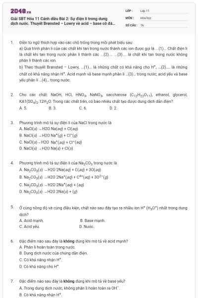 Giải SBT Hóa 11 Cánh diều Bài 2: Sự điện li trong dung dịch nước. Thuyết Brønsted – Lowry về acid – base có đáp án
