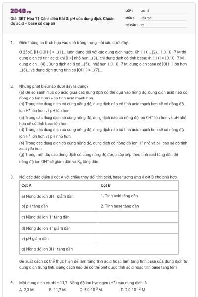 Giải SBT Hóa 11 Cánh diều Bài 3: pH của dung dịch. Chuẩn độ acid – base có đáp án