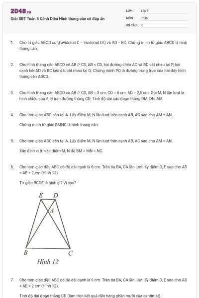Giải SBT Toán 8 Cánh Diều Hình thang cân có đáp án