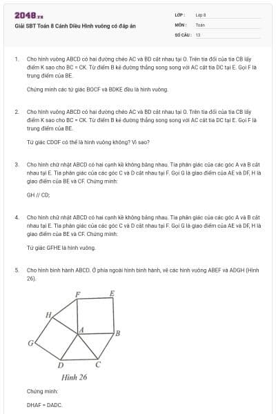 Giải SBT Toán 8 Cánh Diều Hình vuông có đáp án