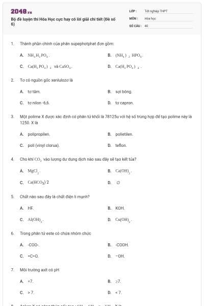 Bộ đề luyện thi Hóa Học cực hay có lời giải chi tiết (Đề số 6)