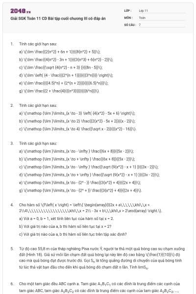 Giải SGK Toán 11 CD Bài tập cuối chương III có đáp án