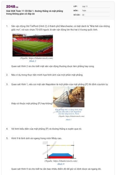 Giải SGK Toán 11 CD Bài 1. Đường thẳng và mặt phẳng trong không gian có đáp án