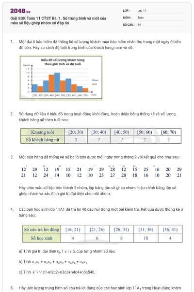 Giải SGK Toán 11 CTST Bài 1. Số trung bình và mốt của mẫu số liệu ghép nhóm có đáp án