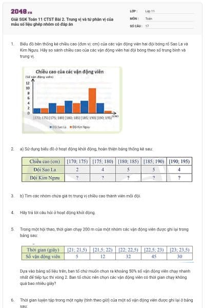 Giải SGK Toán 11 CTST Bài 2. Trung vị và tứ phân vị của mẫu số liệu ghép nhóm có đáp án