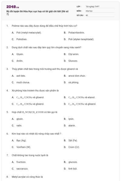 Bộ đề luyện thi Hóa Học cực hay có lời giải chi tiết (Đề số 7)