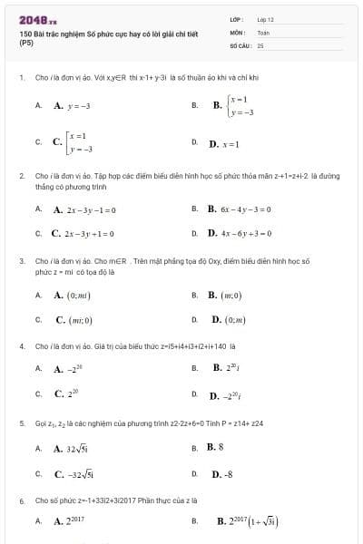 150 Bài trắc nghiệm Số phức cực hay có lời giải chi tiết (P5)