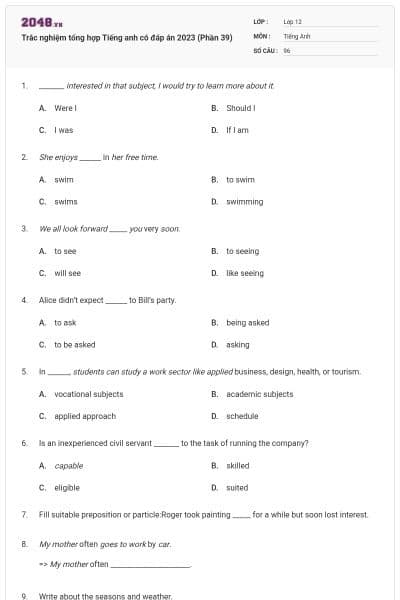 Trắc nghiệm tổng hợp Tiếng anh có đáp án 2023 (Phần 39)