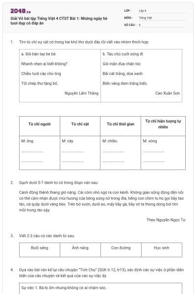 Giải Vở bài tập Tiếng Việt 4 CTST Bài 1: Những ngày hè tươi đẹp có đáp án