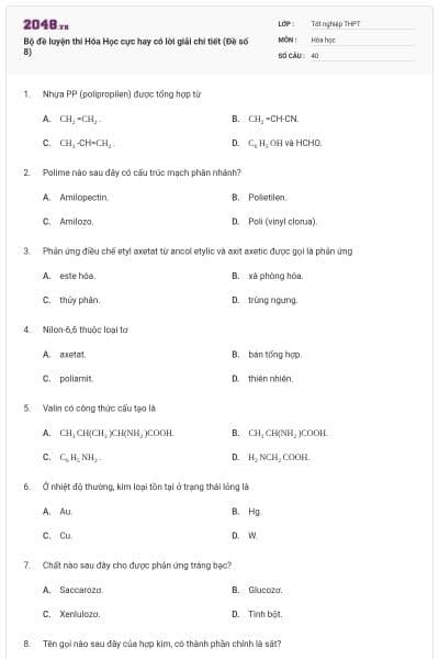 Bộ đề luyện thi Hóa Học cực hay có lời giải chi tiết (Đề số 8)