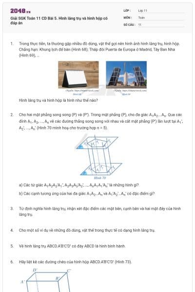 Giải SGK Toán 11 CD Bài 5. Hình lăng trụ và hình hộp có đáp án