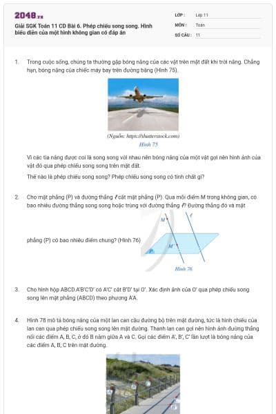 Giải SGK Toán 11 CD Bài 6. Phép chiếu song song. Hình biểu diễn của một hình không gian có đáp án