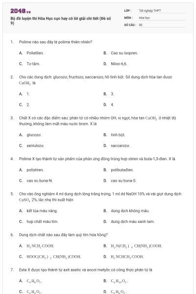 Bộ đề luyện thi Hóa Học cực hay có lời giải chi tiết (Đề số 9)