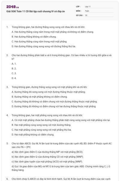 Giải SGK Toán 11 CD Bài tập cuối chương IV có đáp án