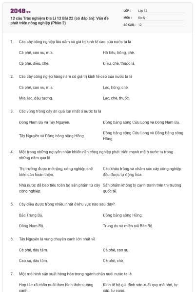 12 câu Trắc nghiệm Địa Lí 12 Bài 22 (có đáp án): Vấn đề phát triển nông nghiệp (Phần 2)