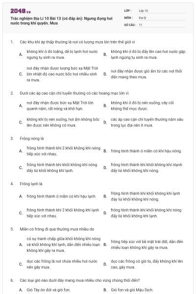 Trắc nghiệm Địa Lí 10 Bài 13 (có đáp án): Ngưng đọng hơi nước trong khí quyển. Mưa