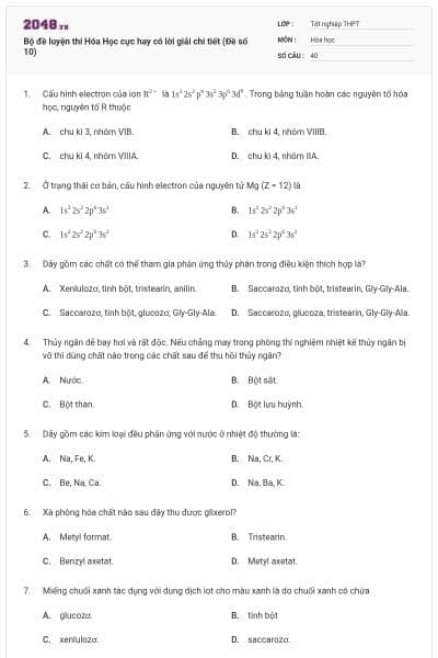 Bộ đề luyện thi Hóa Học cực hay có lời giải chi tiết (Đề số 10)