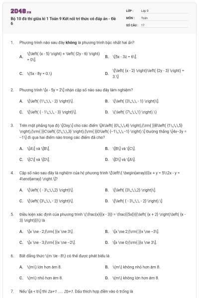 Bộ 10 đề thi giữa kì 1 Toán 9 Kết nối tri thức có đáp án - Đề 6