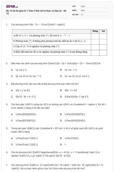 Bộ 10 đề thi giữa kì 1 Toán 9 Kết nối tri thức có đáp án - Đề 10